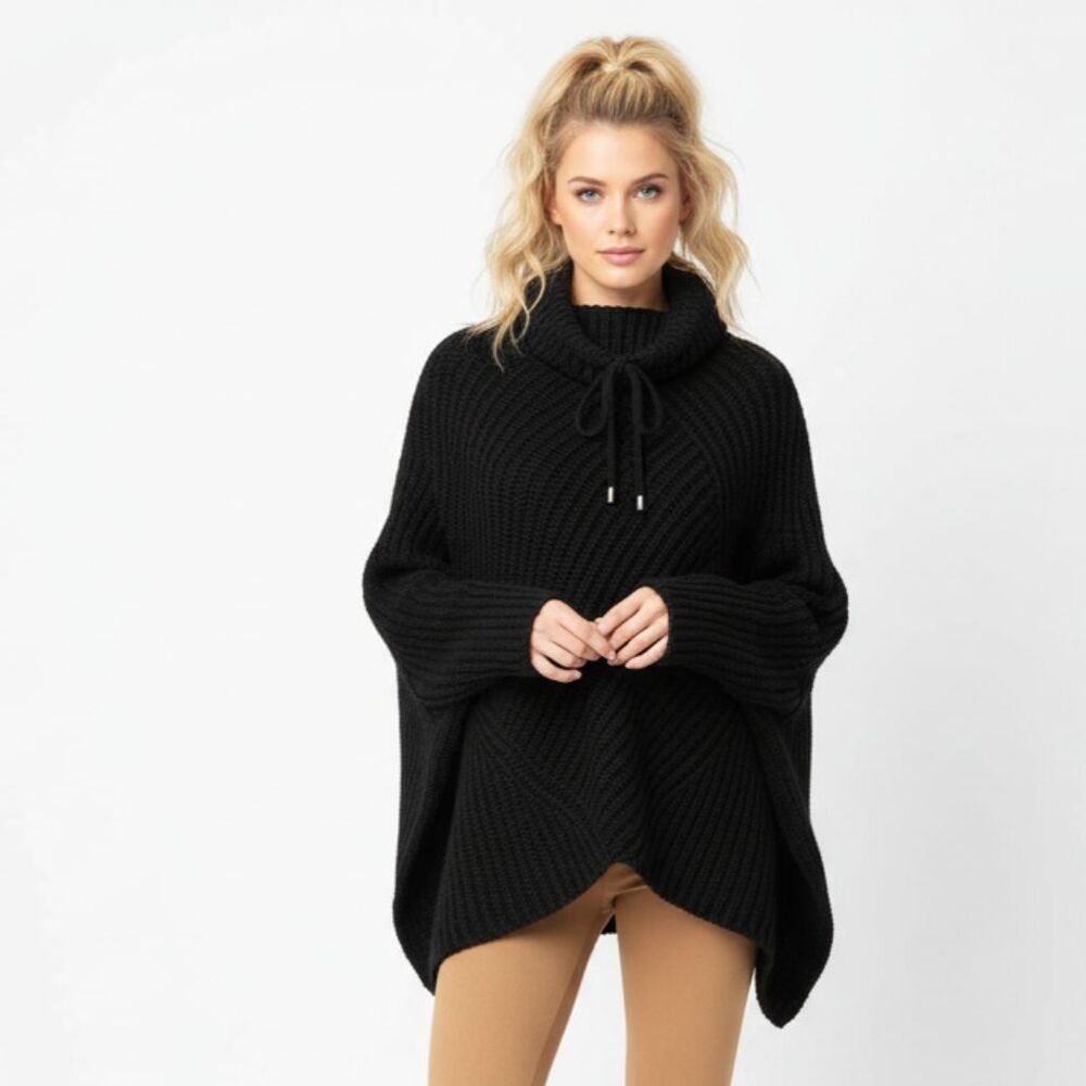 Neiman Marcus Black Chunky Knit Cowl Neck Pancho Cape Oversized Sweater M/L
